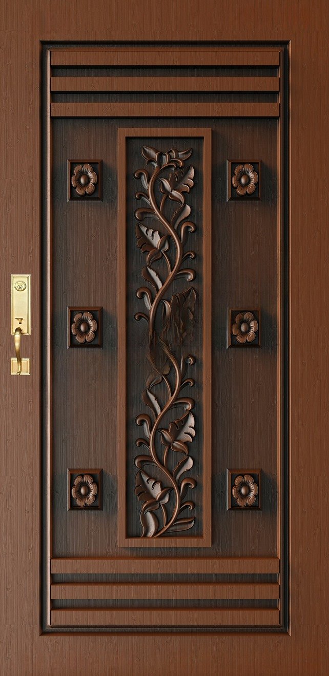 Doors - SKY-85 Elegant Floral Motif Carved Wooden Entrance Door 3D Model